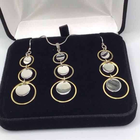 925 Sterling Silver Necklace & Earrings Set Two Tone Circle Pendant Dangle Set - Picture 3 of 13